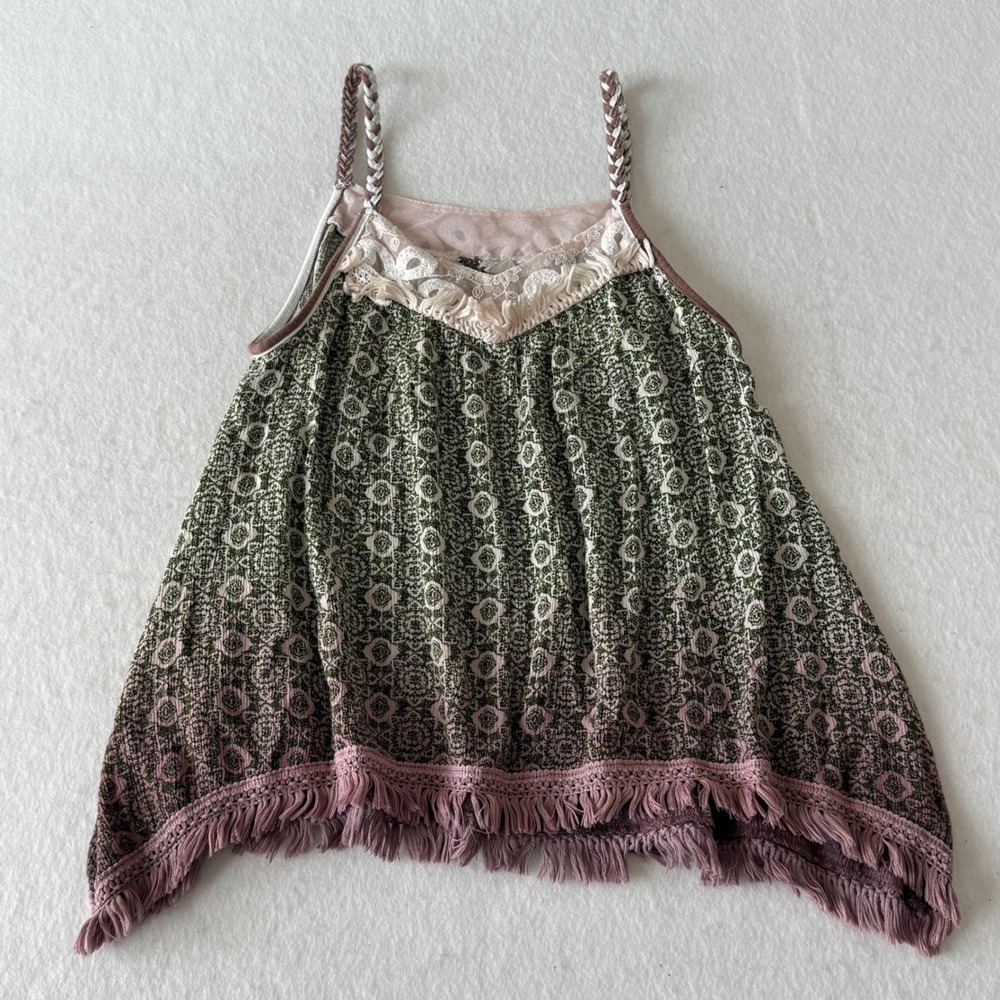 Gilded Intent by BKE Boho Chic Medallion Cami Top Women Small Green Pink Fringe